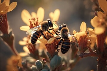 Photograph of bees collecting nectar with flowers - obrazy, fototapety, plakaty