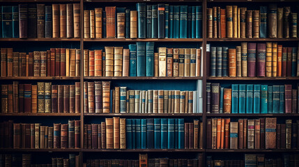 bookshelf background Many old books in a book shop or library. Made with generative ai - obrazy, fototapety, plakaty