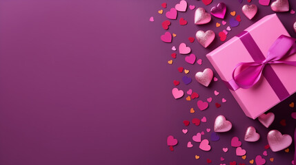 Top view of composition with Valentine's day decorations and copy space on magenta background. Holiday 14 February romantic banner.