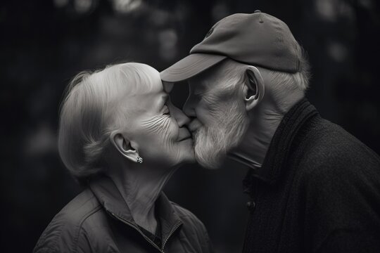 Medium short portrait photography of A couple of elderly people hugging and kissing