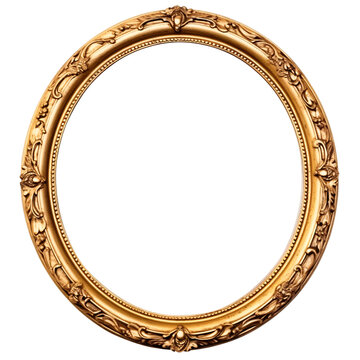 antique gilded photo frame isolated on a transparent background, vintage gold oval photo or mirror frame mockup, old golden baroque Victorian ornate border frame