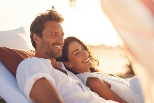 Romantic Couple Spa. Closeup Of Beautiful Healthy Happy Smiling Woman, Handsome Man Relaxing At Day Spa Resort. People Enjoying Body Relaxation Massage Outdoors In Summer