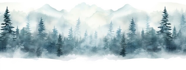Enchanting woodlands. Misty morning in nature embrace. Mystical pine grove. Fog kissed mountains in early light. Ethereal wilderness. Serene forest blanketed in morning mist - obrazy, fototapety, plakaty