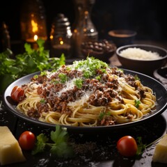 Gourmet italian bolognese pasta with fresh parmesan