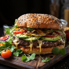 Grilled cheeseburger on sesame bun with fresh toppings
