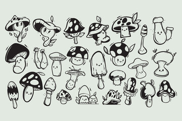 Cute mushroom doodle set. Various Mushroom hand drawn sketch vector illustration.