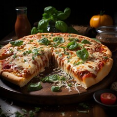 Freshly italian pizza with mozzarella cheese slice