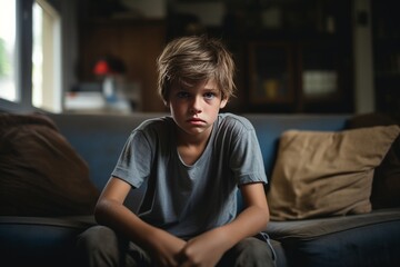 Obraz premium A sad young caucasian kid wearing grey T-shirt sitting in the room. Stress, grief, sadness concept. Family problems