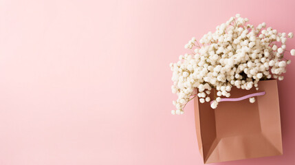 Pink paper bag and white Gypsophila flowers.
