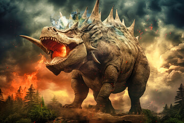 Fototapeta premium A terrible dinosaur Triceratops with an open huge mouth against a background of fire and smoke in the burning primeval jungle. Death of the dinosaurs.