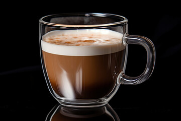 Fototapeta premium Photo of a close-up view of a steaming cup of coffee on a shiny tabletop