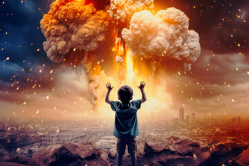 A small child against the background of an explosion and fire. Raised his hands in an attempt to stop the war. A child looks at the fire and destruction of his city. The boy wants to stop the war.