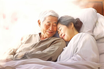 Asian elderly couple in love, man and woman lie in bed. Love and romance. Family idyll. Happy morning for lovers. Valentine's Day.