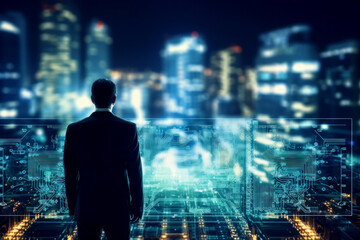 A man in a suit standing in front of a cityscape. Business in a modern big city. Infographics.