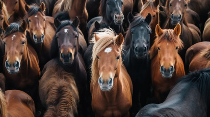 herd of horses close-up, many heads of horses background.