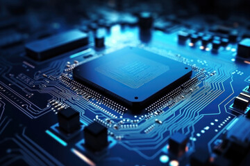 A powerful computer processor or chip on a motherboard. Modern technologies. Blue background. Development of computer technologies.