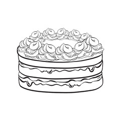 Hand-drawn vector. Ink. Delicious cake adorned with meringue cream. Buttercream roses. Tender layers, flavorful filling - cream. Perfect for festive vibes, birthdays, anniversaries, weddings