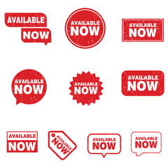 Set of red available now label, badge, seal stamp, collection of red available now labels