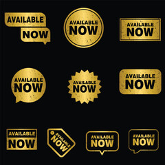 Set of golden available now label, badge, seal stamp, collection of gold available now labels - obrazy, fototapety, plakaty