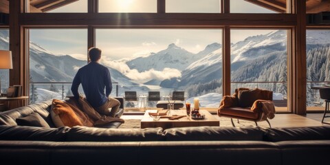 Traveler enjoying weekends inside contemporary barn house in the mountains. Happy tourist looking through panoramic windows in new cottage. comeliness - obrazy, fototapety, plakaty