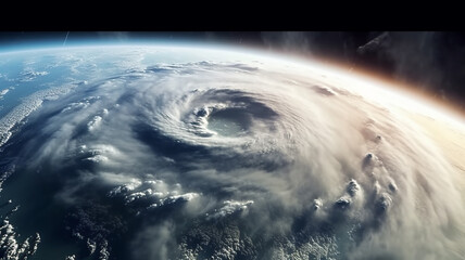 cyclone funnel of a hurricane on the surface of the planet view from space, weather forecast.