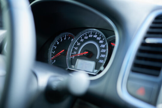 Close up of a speedometer in a modern car, shallow depth of field