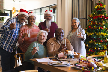 Happy diverse group of senior friends in santa hats celebrating christmas meal and toasting at home