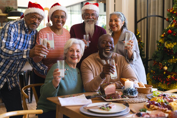 Happy diverse group of senior friends in santa hats celebrating and toasting at christmas dinner