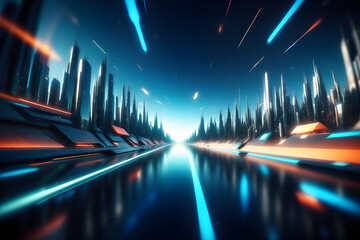 Abstract blurred futuristic city against night sky reflected in a mirror surface. Fantastic landscape. Futuristic beautiful composition. - obrazy, fototapety, plakaty