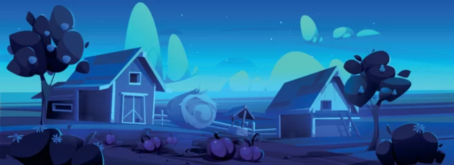 Poster Night farm with barn and haystack. Vector cartoon illustration of rural landscape, dark field under starry sky, pumpkin harvest in vegetable garden, pears and apples on fruit trees, game background © klyaksun