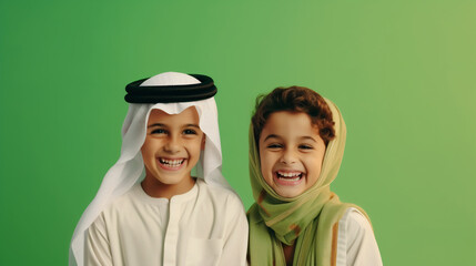 Portrait of joyful arabian kids on isolated solid green background - obrazy, fototapety, plakaty