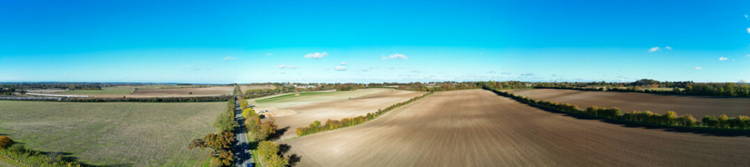 Most Beautiful High Angle Panoramic view of British Countryside Landscape of Letchworth Garden City of England UK. Image Captured on November 11th, 2023 with Drone's camera