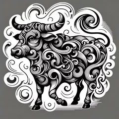 Fotobehang an abstract tattoo design of a cow with swirling patterns and abstract shapes © Hans