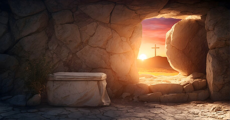 Jesus resurrected from a tomb - obrazy, fototapety, plakaty
