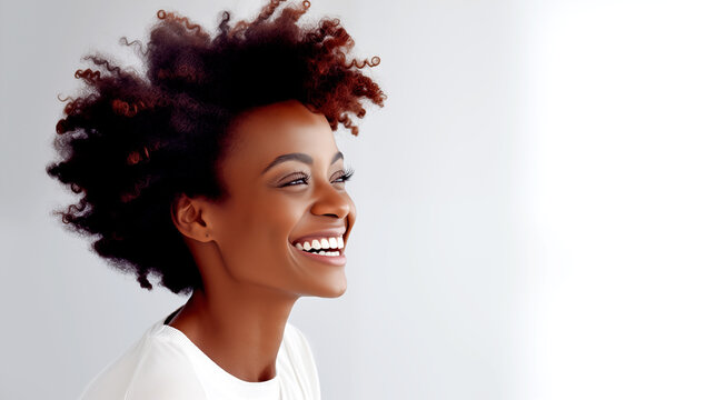 PORTRAIT OF A LAUGHING HAPPY AFRICAN AMERICAN WOMAN, HORIZONTAL IMAGE. legal AI	