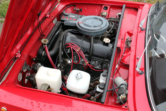 Old Soviet car gas engine. Old car engine. Detailing a USSR Classic Cars Engine Compartment.
