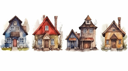 collection of a set of small European rustic fairy-tale houses painted in watercolor. - obrazy, fototapety, plakaty