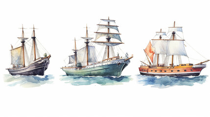Fototapeta premium collection sailboat watercolor drawing on a white background isolated, AI