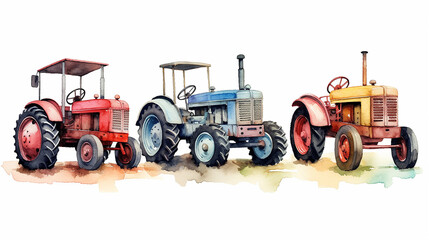 vintage tractors watercolor on white background.