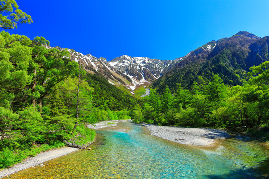 The Hotaka mountain range with lingering snow in the clear sky from Kappa-bashi Bridge, Kamikochi , Japan,Nagano Prefecture,Matsumoto, Nagano June 2017