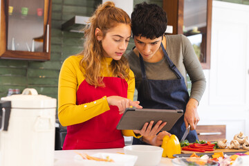 Focused biracial lesbian couple using tablet and preparing vegetables in kitchen