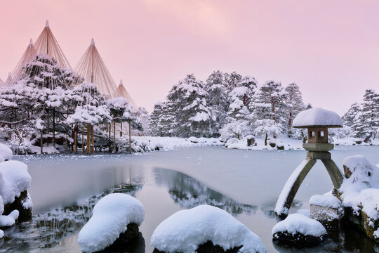 Snowy Kenrokuen Garden in Hokuriku-Kanazawa , Japan,Ishikawa Prefecture,Kanazawa city February 2022