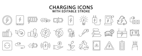 Charging icons. Charging icon set. Charging line icons. Vector illustration. Editable stroke.