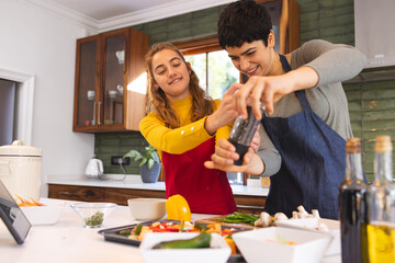 Happy biracial lesbian couple cooking, seasoning chopped vegetables in kitchen, copy space