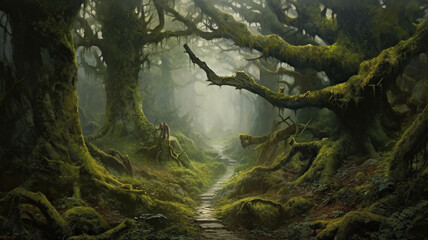 landscape fog in the old forest huge trees covered with moss mystical view.
