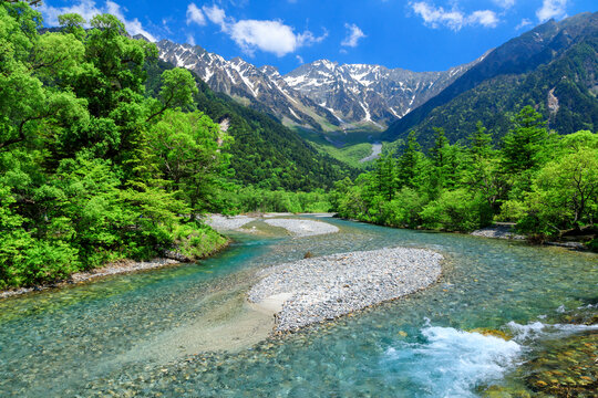 Azusa River and the Hotaka mountain range seen from Kappa-bashi Bridge , Japan,Nagano Prefecture,Matsumoto, Nagano June 2021