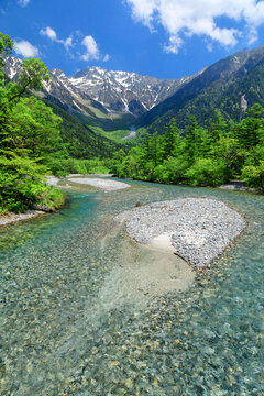 Azusa River and the Hotaka mountain range seen from Kappa-bashi Bridge , Japan,Nagano Prefecture,Matsumoto, Nagano June 2021