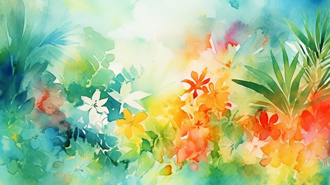 abstract summer watercolor background flowers landscape vacation.