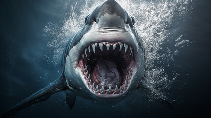 white shark underwater jaws open predator attacks. - obrazy, fototapety, plakaty