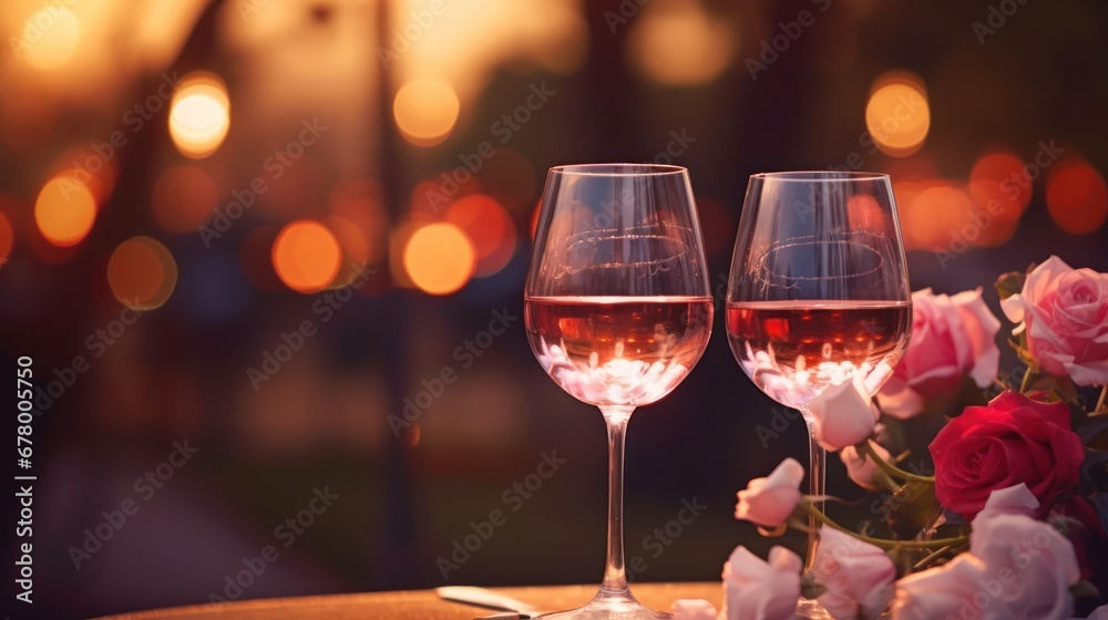 Wall mural two elegant wine glasses and rose heart background valentine's day holiday background